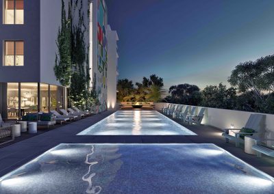3D rendering sample of the pool deck design at Arbor Residences Miami condo at night.