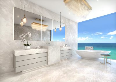 3D rendering sample of a luxurious bathroom design at The Estates at Acqualina condo.