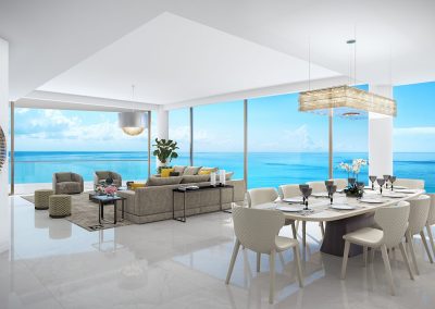 3D rendering sample of a dining room and living room design at The Estates at Acqualina condo.