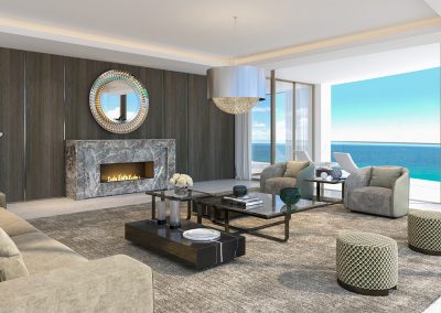 3D rendering sample of a living room design at The Estates at Acqualina condo.