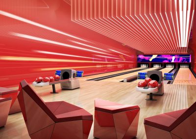 3D rendering sample of a bowling alley design at The Estates at Acqualina condo.