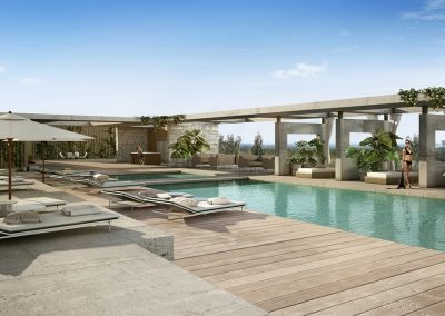 3D rendering sample of the pool deck at The Fairchild Coconut Grove condo.